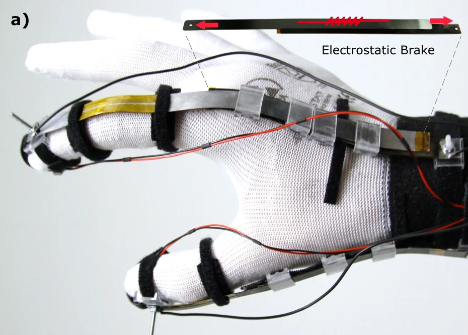 DextrES - Physical DextrES glove prototype. Authors’ teaser Figure a photographic panel; annotations retained.